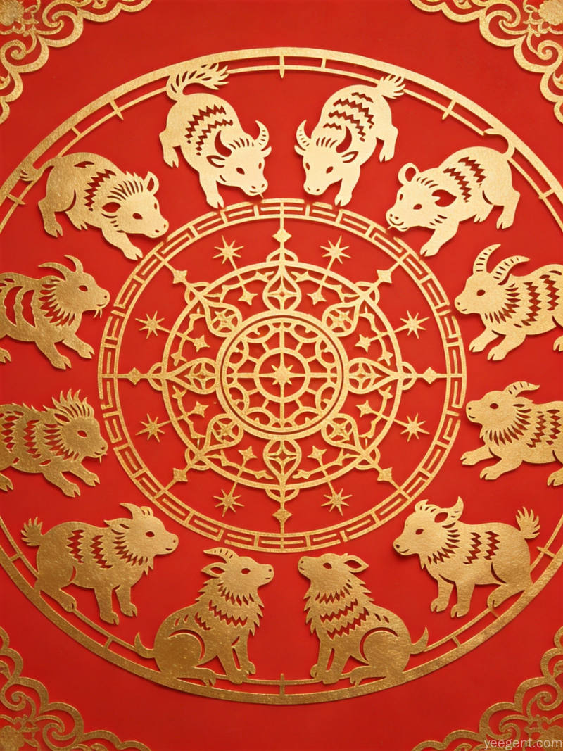 红色金箔剪纸十二生肖环绕中心星纹,对称规整,喜庆精致的新春年味生肖主题剪纸