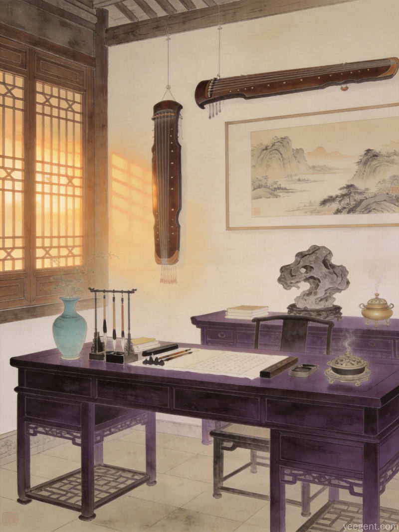 暖色工笔书房紫檀长桌文房四宝青瓷瓶,壁上挂琴悬画,窗棂暖光温馨雅致