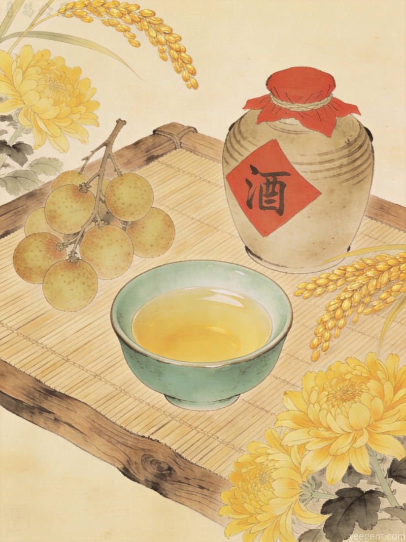 暖色工笔白露茶席,青瓷盏茶汤配龙眼米酒,菊花谷物点缀温馨雅致