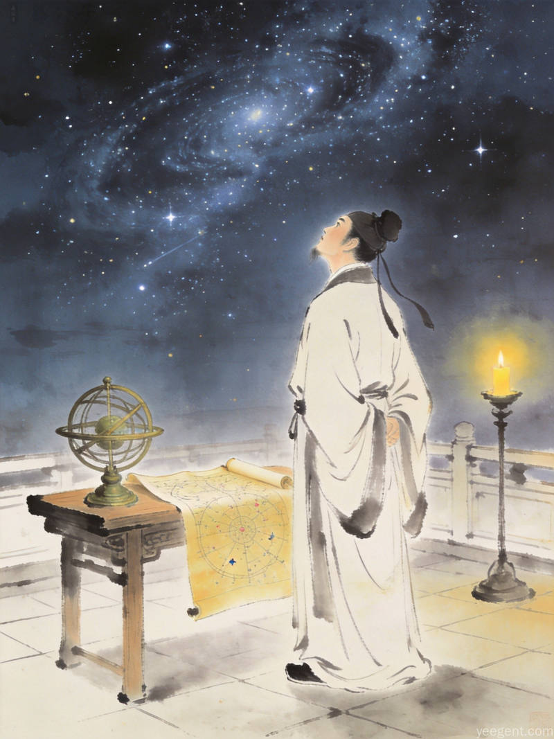 水墨风古代天文官夜观星河,案上星图卷轴与铜浑仪,烛火斗转星移古朴苍茫