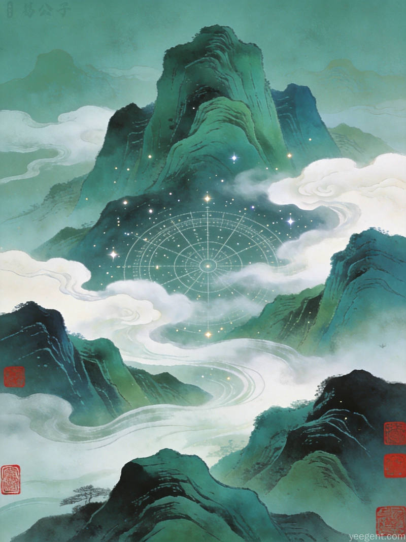 青绿山水风格星盘罗盘图配群山云海与朱红印章空灵缥缈