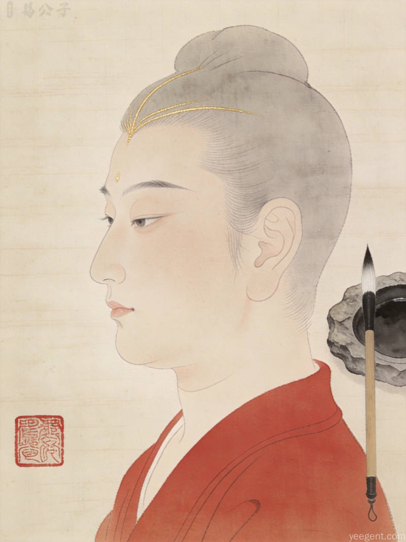 工笔人物侧面像,额头以金线勾勒,笔墨砚台相伴,呈现传统审美