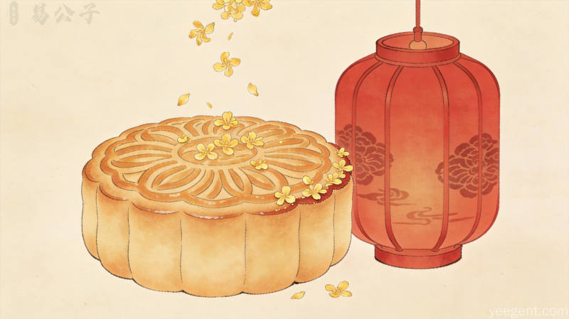 广式月饼与红灯笼点缀桂花的暖调插画,烘托中秋佳节团圆温馨气氛