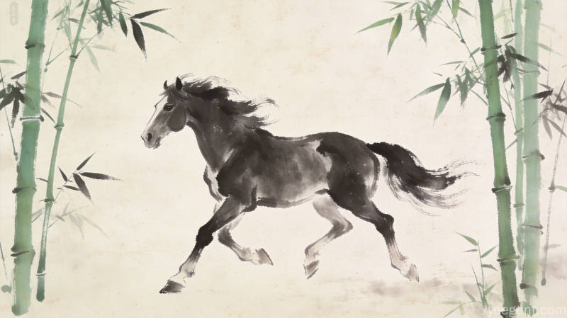 水墨骏马与翠竹的写意国画,呼应丙午马年主题,古朴雅致意境悠远