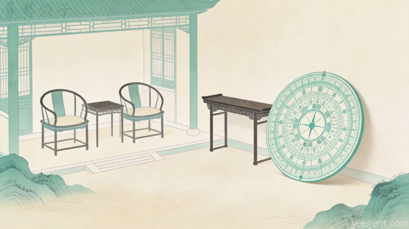 中式庭院圈椅与罗盘元素的淡彩工笔画,体现传统居住布局的空间讲究