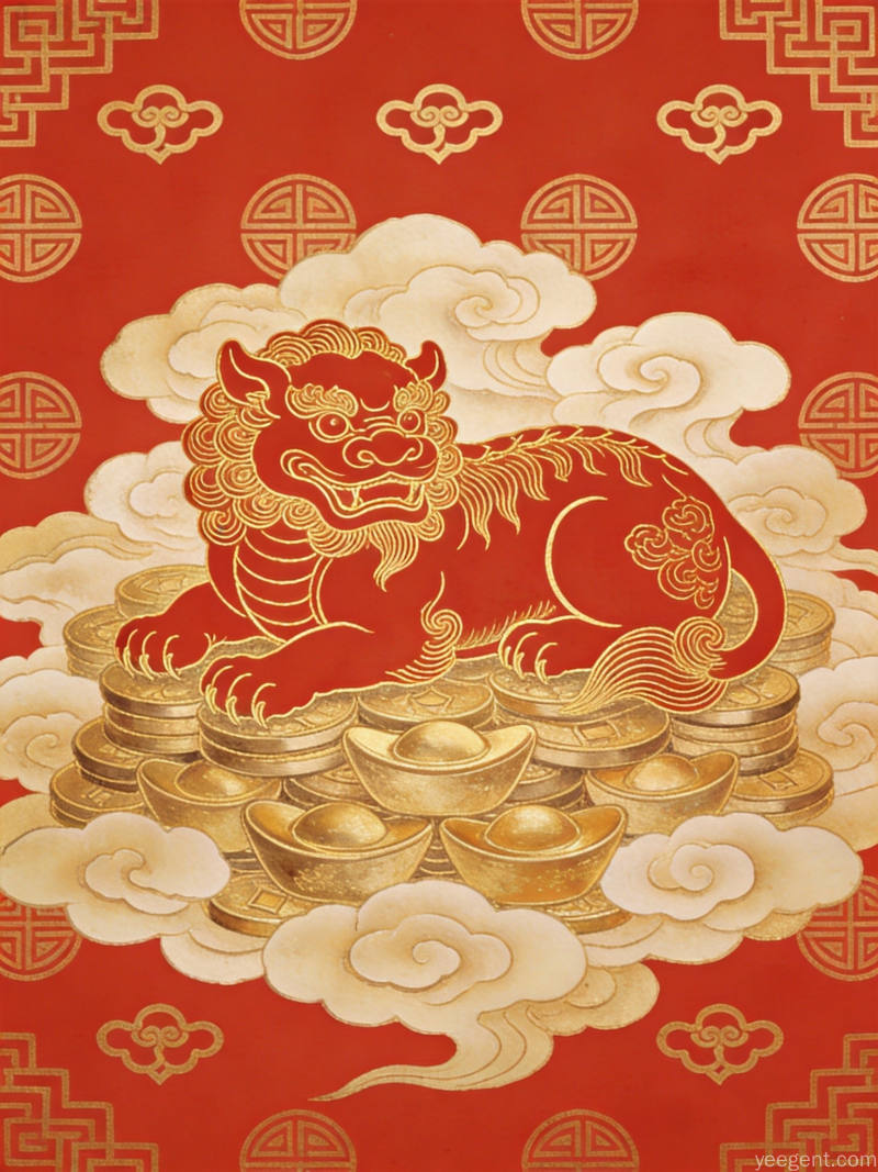 金线勾勒的貔貅卧于祥云元宝之间,红金配色华贵喜庆