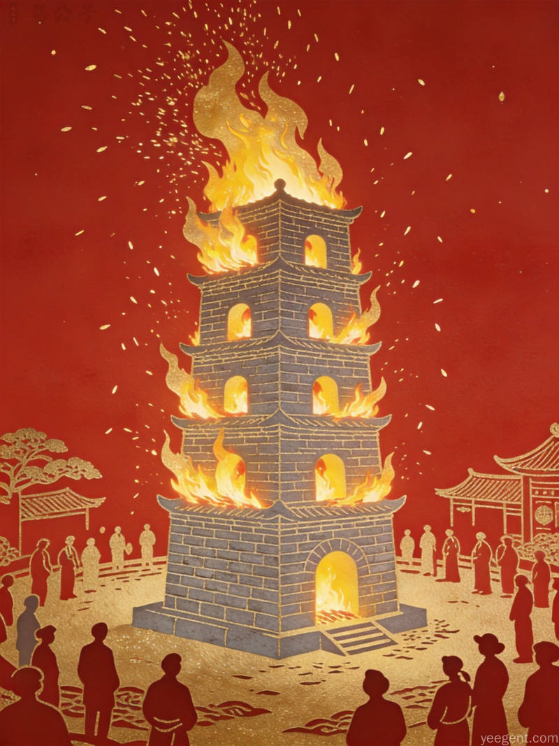 中秋夜砖瓦宝塔燃起冲天火焰,火星四溅映红夜空,热闹喜庆