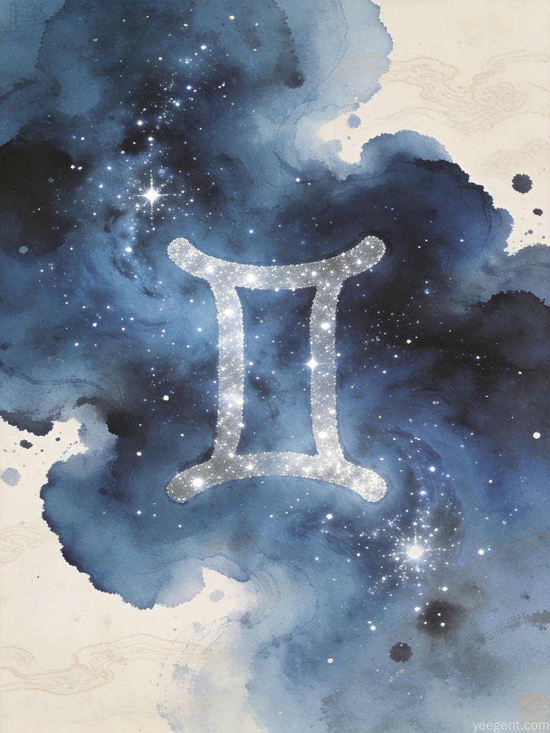 水墨笔触融入靛蓝星云,双子座符号如墨点晕染,静谧空灵引人沉思