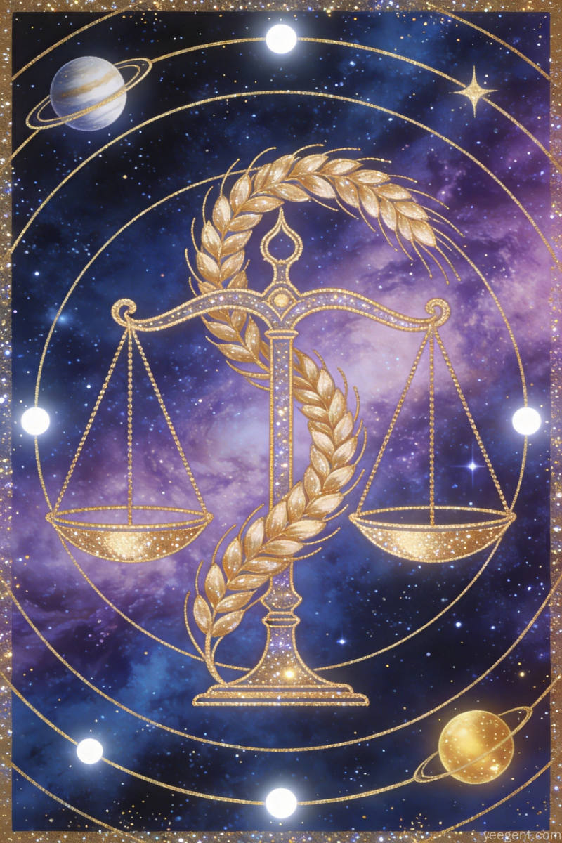 金线勾勒的天秤与麦穗图案在紫蓝星云背景中闪耀,水星与金星的轨道圆点环绕四周,整体典雅华丽