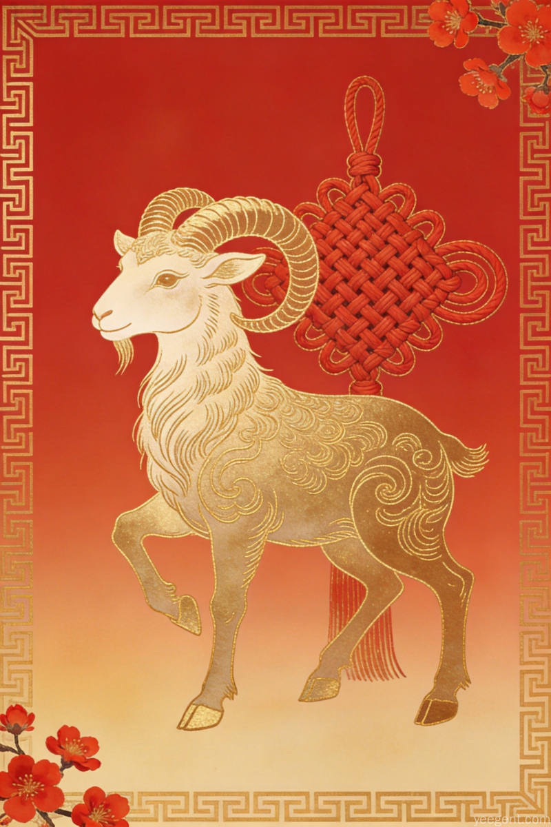 金线勾勒的生肖羊与红色中国结组合,红金渐变背景配传统回纹与红梅点缀,精致华美的节日装饰