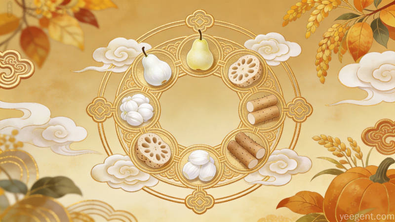白露食白民俗插画,梨百合莲藕山药等白色润肺食材,配描金回纹祥云纹样