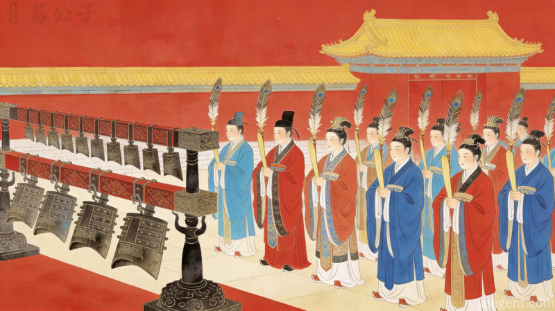 祭孔乐舞场面,乐舞生手持羽籥整齐列队,编钟编磬在侧,红墙黄瓦庄严恢宏