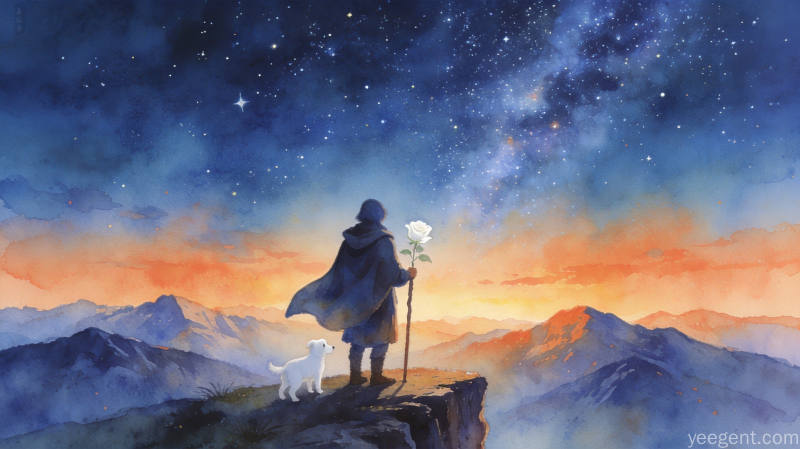 身披斗篷的旅人手执手杖立于悬崖边,繁星银河下远眺群山,水彩晕染浪漫诗意