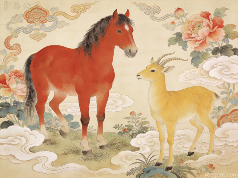 工笔重彩描绘红马黄羊立于祥云草木间,牡丹如意环绕