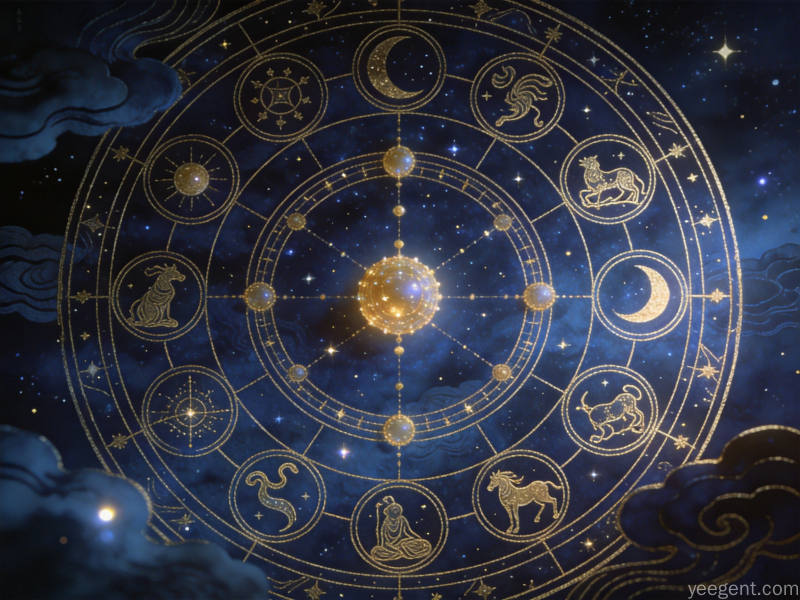 金线勾勒十四主星与十二宫位圆环,深蓝夜空繁星点缀其间