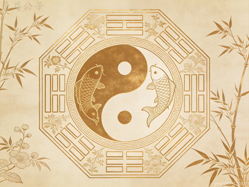 金线白描太极八卦图,梅兰竹菊暗纹衬于古纸底色