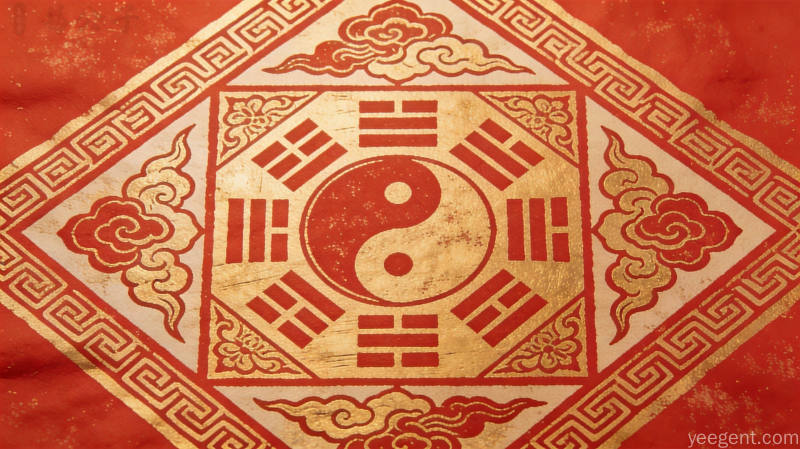 朱红拓片木版年画风格九宫格八门方位符号与祥云,红金配色庄重