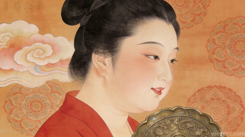 工笔重彩唐代仕女临铜镜侧脸画像,暖赭石朱砂色调古典雅致