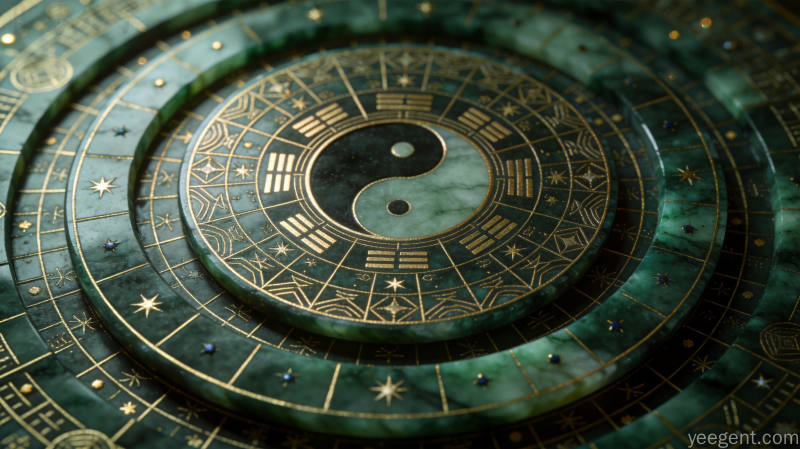 暗青色调金线俯视多层遁甲罗盘,中央太极图形金属玉石质感