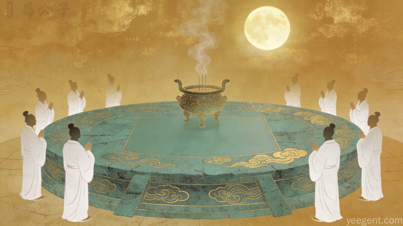 古代秋分夕月礼白衣使者在青石月坛前对月行礼