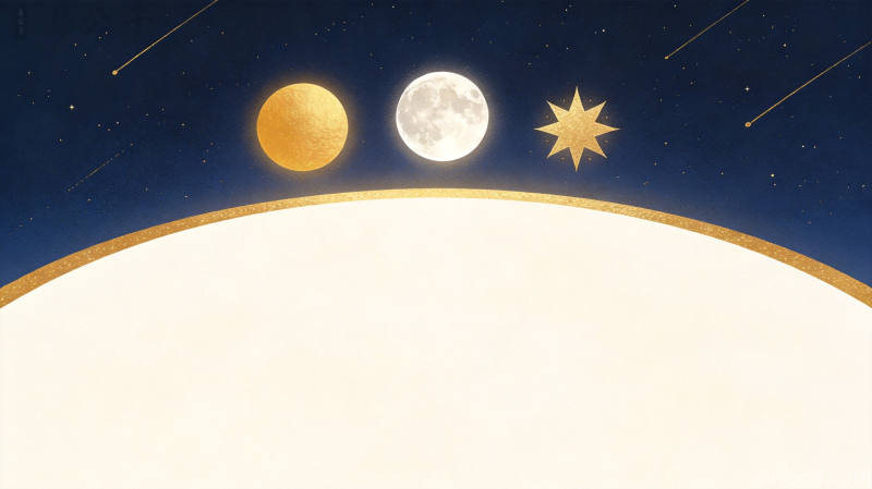 藏蓝夜空地平线上升起金日满月与六角星芒极简烫金装饰画