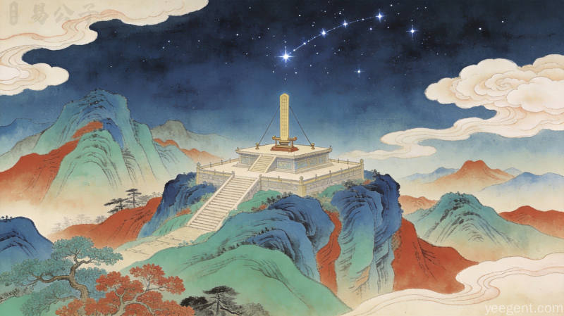 工笔淡彩青绿山水夜色中古代观象高台圭表与北斗七星