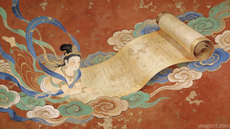 敦煌壁画风格飞天环绕斑驳古卷轴赭石石青描金瑰丽