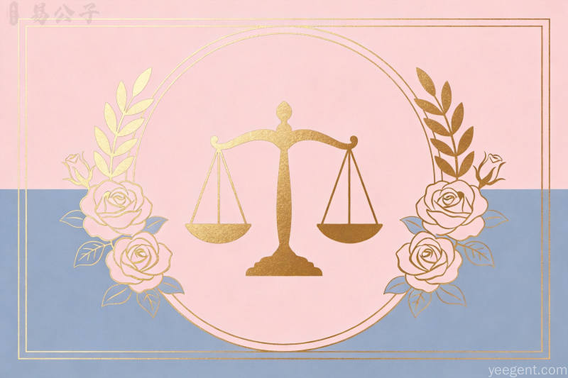 莫兰迪粉蓝配色极简天平剪影两侧玫瑰与橄榄枝烫金线条优雅时尚插画