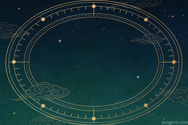 暗青烫金同心圆环圆点刻度与云气星点的天文意象