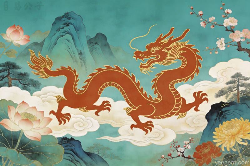 金线勾勒东方龙穿行桃荷菊梅青绿山水的国风画面