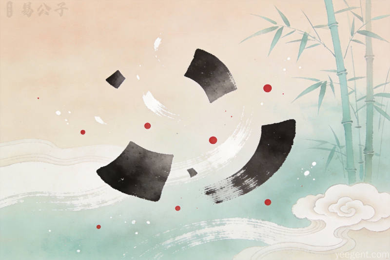 抽象墨块飞白朱砂圆点漂浮拆解重组的汉字结构意象