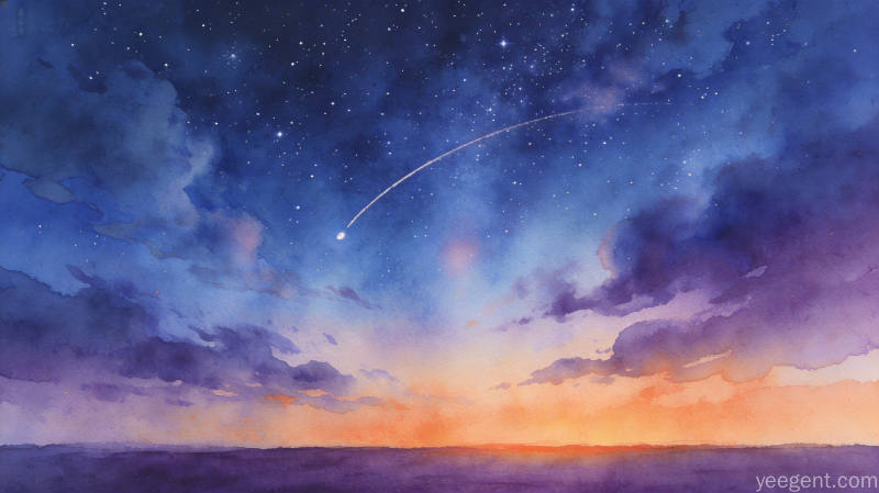 水彩靛蓝夜空薄云流动星子与淡淡行星轨迹弧线