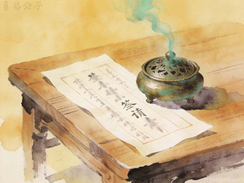 水墨淡彩竖排毛笔字签诗纸条,旁置青烟铜香炉,木桌暖光古雅