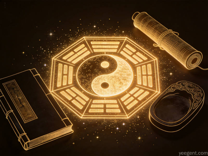 金线勾勒太极八卦图,旁置线装古书卷轴砚台,深色背景庄重神秘