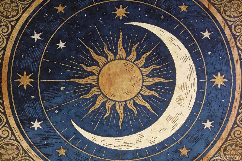 马赛木刻版画风格的日月星辰天象图,深蓝夜空配金色刻线