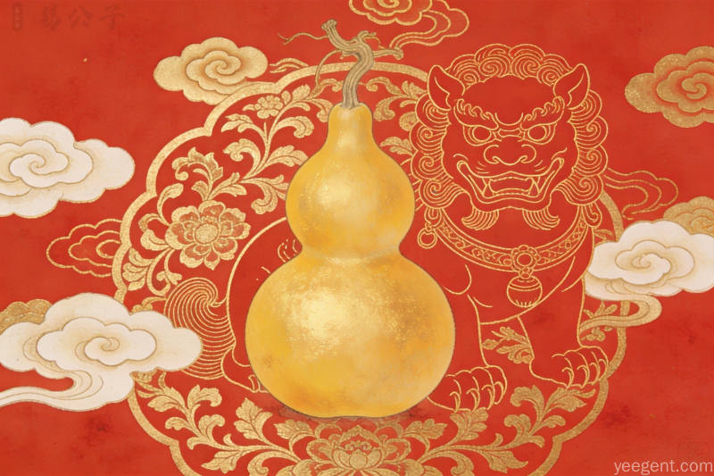 工笔淡彩金黄葫芦与瑞兽轮廓并置,祥云缠枝,红金配色