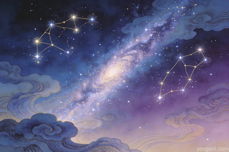 工笔重彩深蓝紫夜空,南北星宿发光连线,银河光带斜贯