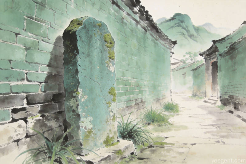 青绿山水画风格,无字古朴青石碑静立老巷墙根,苔痕斑驳