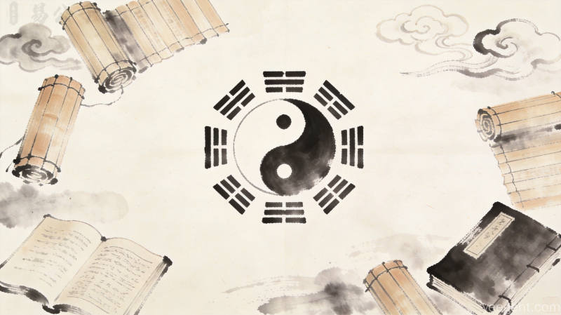 水墨风格太极八卦图插画,竹简古书祥云点缀,宣纸留白意境悠远