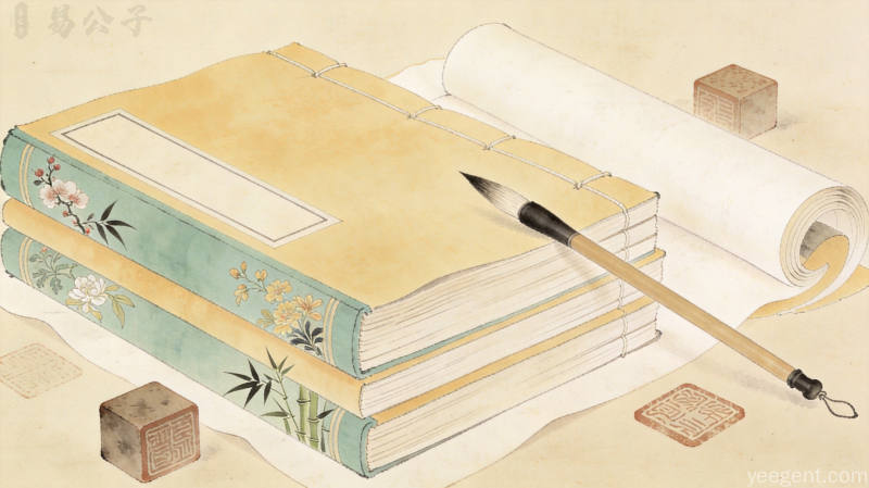 工笔淡彩线装书卷堆叠插画,毛笔印章梅兰竹菊纹样点缀,古纸色调