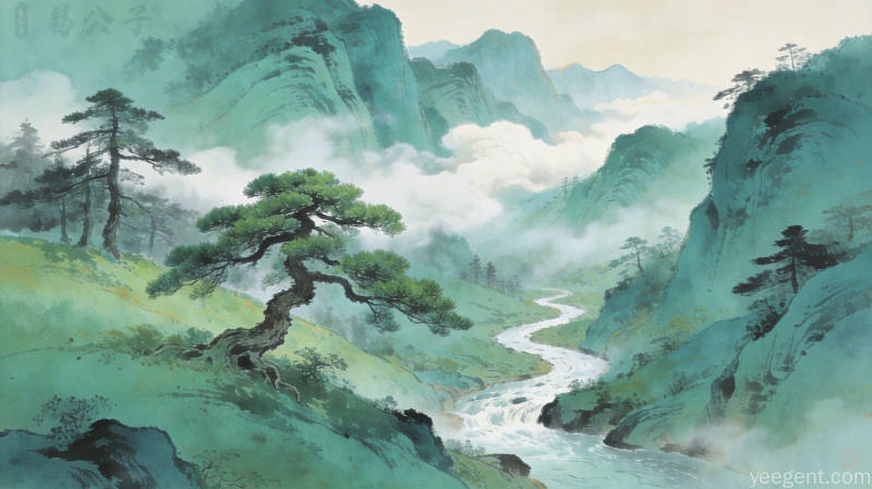 青绿山水画风格宁静山谷插画,远山如屏溪水环抱,青松古柏掩映云雾