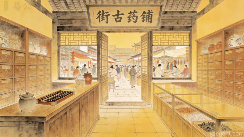 工笔重彩古街药铺内景插画,木柜台药柜整齐陈列,算盘药罐匾额高悬