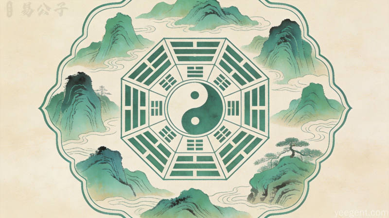 青绿山水风格八卦罗盘插画配九宫纹样,米色底调古朴神秘