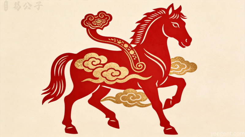 剪纸艺术风格生肖马配如意祥云纹样插画，红金配色喜庆吉祥