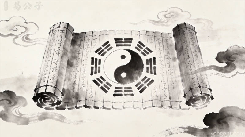 水墨风格太极八卦图配祥云山峦插画,黑白灰主调留白意境悠远