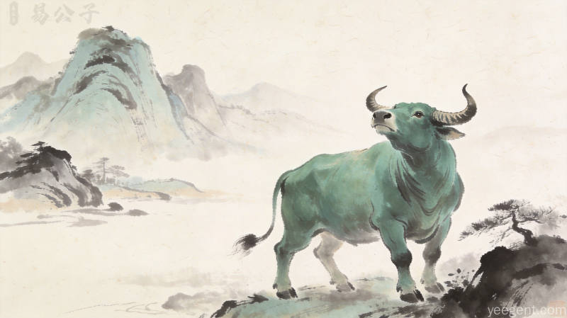 水墨风格青牛昂首立于山水之间的国画插画，宣纸纹理意境悠远