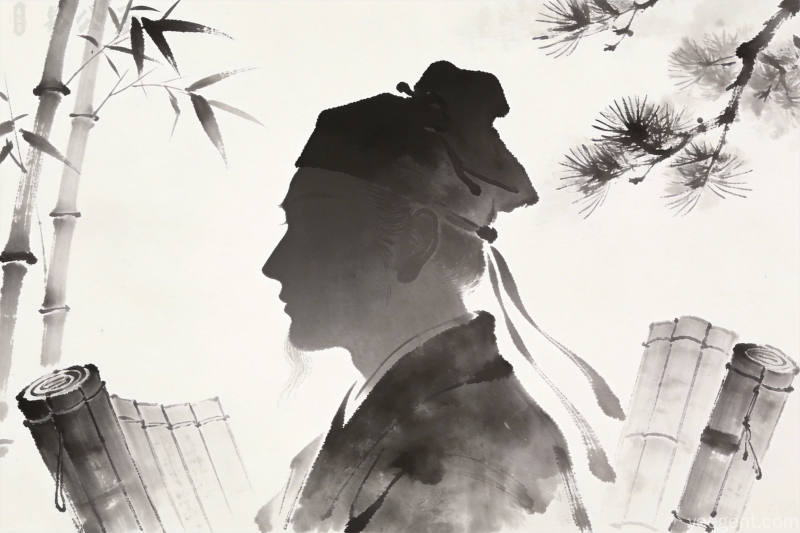 水墨国画风格的清代文人侧影剪影与竹简松枝插画