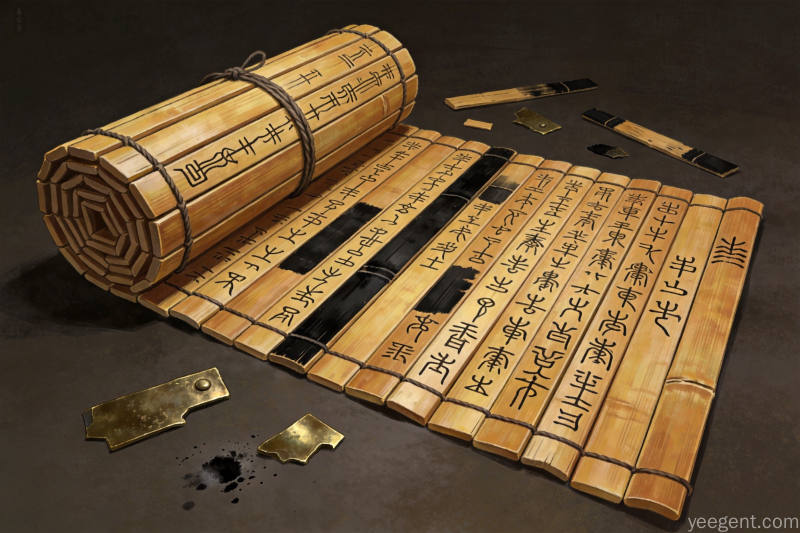 战国风格竹简上的篆书干支文字与古铜残简写实插画