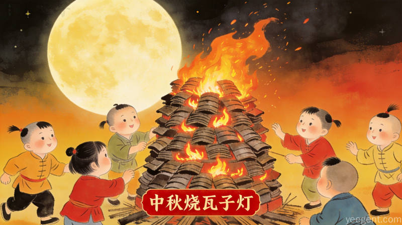民俗年画风格的中秋烧瓦子灯场景,孩童围塔嬉戏,明月高悬