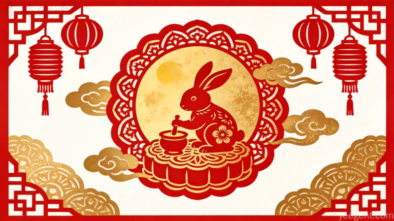 剪纸艺术风格的中秋月宫玉兔与月饼纹样,红金配色,喜庆吉祥